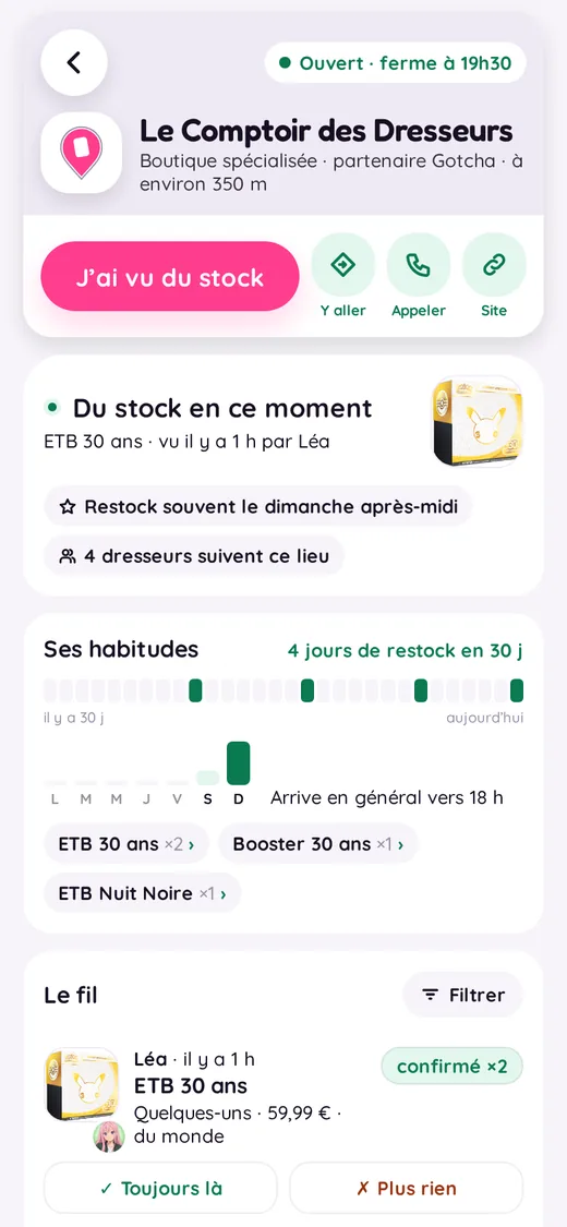 Fiche d’une boutique : fil des restocks, confirmations, habitudes