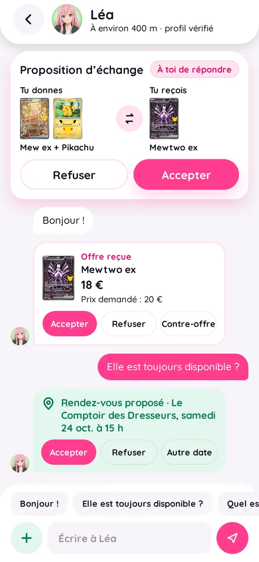 Conversation avec la proposition d’échange et le rendez-vous en boutique