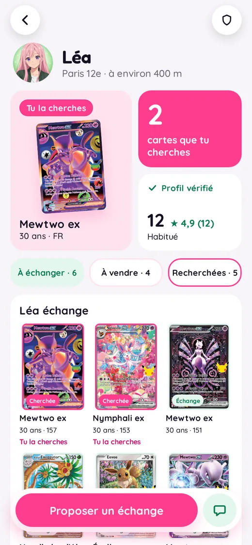 Profil d’un dresseur : avatar, réputation, cartes à échanger et cherchées